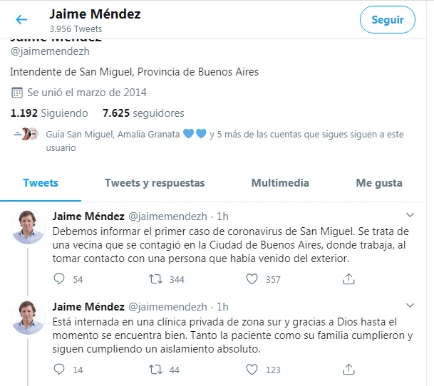Se confirma el prime caso de coronavirus en San Miguel